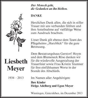 Traueranzeige von Liesbeth Meyer von Super Sonntag Aschersleben