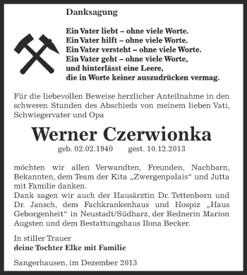 Traueranzeige von Werner Czerwionka von Super Sonntag SGH Mansf. Land