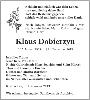 Traueranzeige von Klaus Dobierzyn von Super Sonntag Zeitz