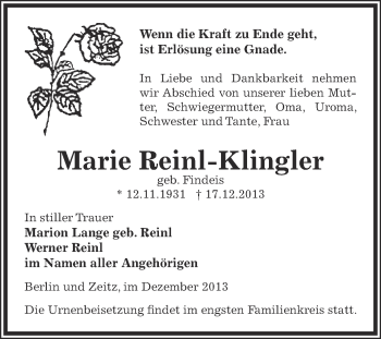 Traueranzeige von Marie Reinl-Klingler von Super Sonntag Zeitz
