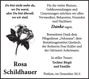 Traueranzeige von Rosa Schildhauer von Super Sonntag Dessau / Köthen