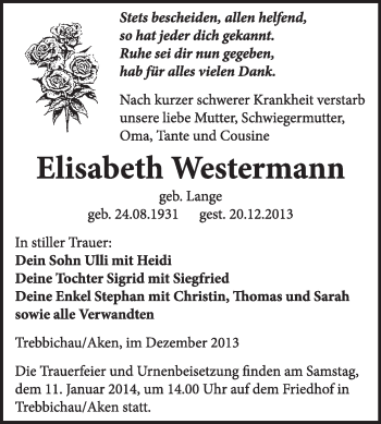 Traueranzeige von Elisabeth Westermann von Super Sonntag Dessau / Köthen