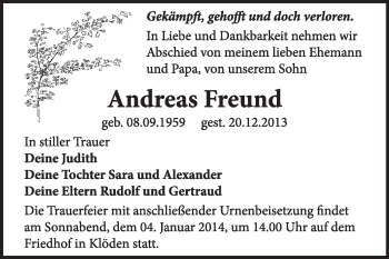 Traueranzeige von Andreas Freund von WVG - Wochenspiegel Wittenberg