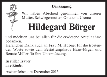 Traueranzeige von Hildegard Bürger von Super Sonntag Aschersleben