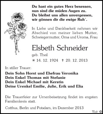 Traueranzeige von Elsbeth Schneider von Super Sonntag Zeitz
