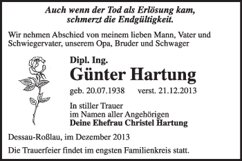 Traueranzeige von Günter Hartung von Super Sonntag Dessau / Köthen