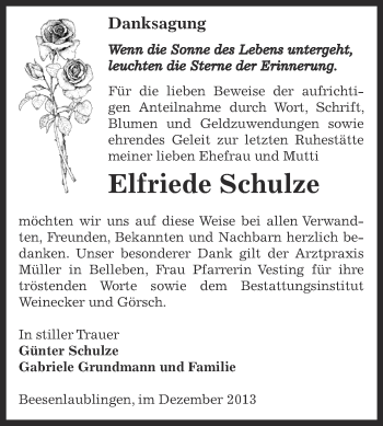 Traueranzeige von Elfriede Schulze von Super Sonntag Bernburg