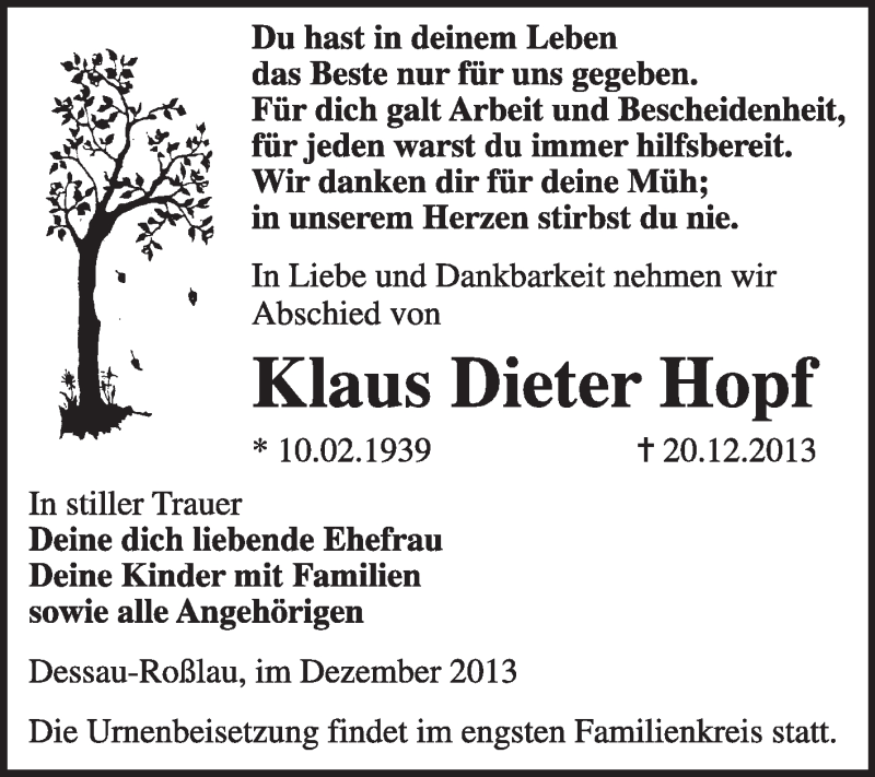  Traueranzeige für Klaus Dieter Hopf vom 29.12.2013 aus Super Sonntag Dessau / Köthen