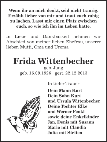 Traueranzeige von Frida Wittenbecher von Super Sonntag Bernburg