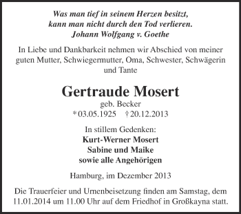 Traueranzeige von Gertraude Mosert von WVG - Wochenspiegel Merseburg
