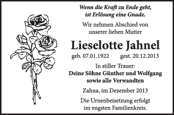 Traueranzeige von Lieselotte Jahnel von Super Sonntag Wittenberg