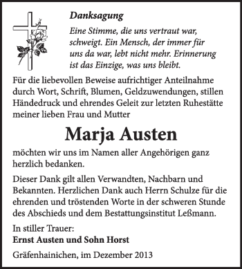 Traueranzeige von Marja Austen von WVG - Wochenspiegel Wittenberg