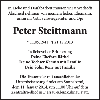 Traueranzeige von Peter Steittmann von Super Sonntag Dessau / Köthen