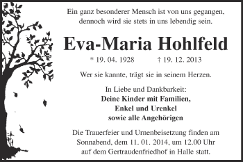 Traueranzeige von Eva-Maria Hohlfeld von Super Sonntag Halle