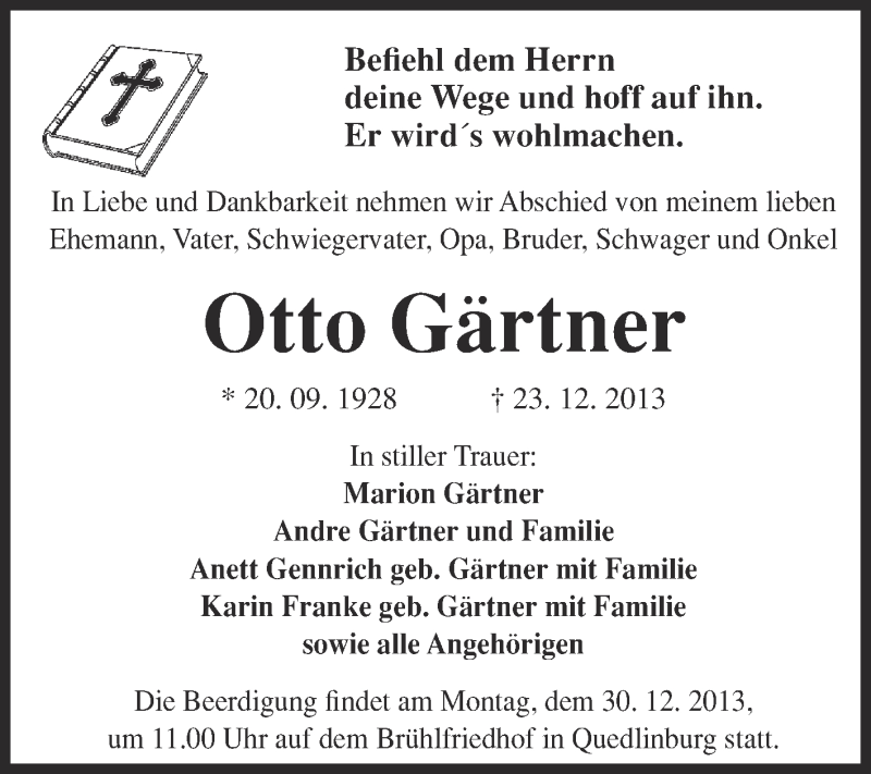 Traueranzeigen von Otto Gärtner www.abschiednehmen.de