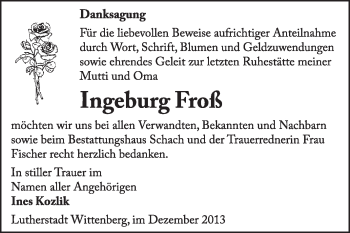 Traueranzeige von Ingeburg Froß von Super Sonntag Wittenberg
