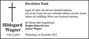 Traueranzeige von Hildegard Wagner von Super Sonntag Wittenberg