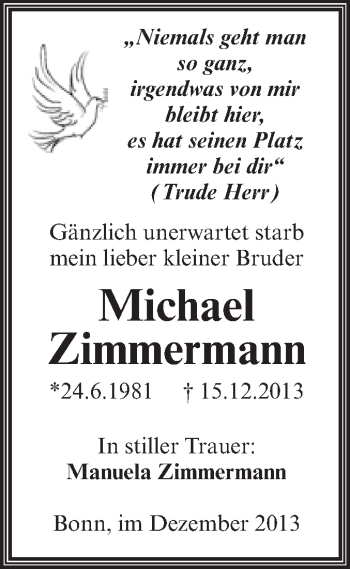 Traueranzeige von Michael Zimmermann von Super Sonntag Aschersleben
