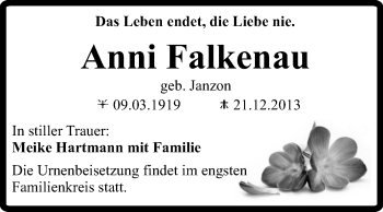 Traueranzeige von Anni Falkenau von Super Sonntag Quedlinburg