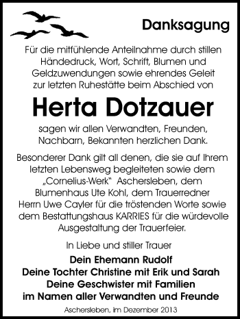 Traueranzeige von Herta Dotzauer von WVG - Wochenspiegel Quedlinburg