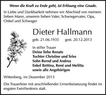Traueranzeige von Dieter Hallmann von WVG - Wochenspiegel Wittenberg