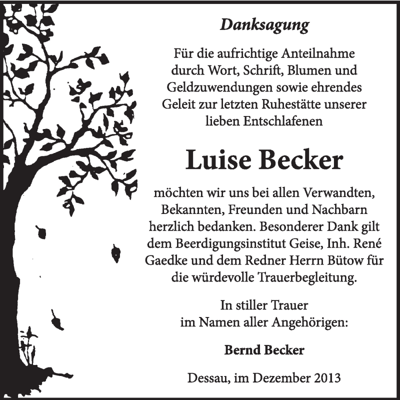  Traueranzeige für Luise Becker vom 29.12.2013 aus Super Sonntag Dessau / Köthen