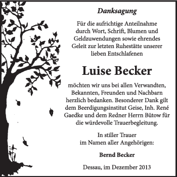 Traueranzeige von Luise Becker von Super Sonntag Dessau / Köthen