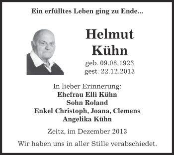 Traueranzeige von Helmut Kühn von Super Sonntag Zeitz