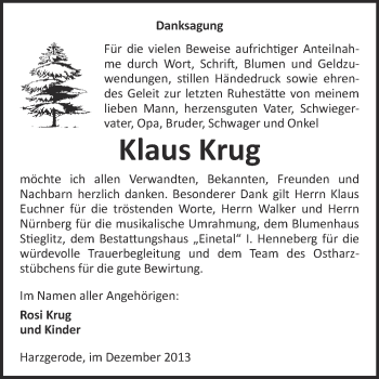 Traueranzeige von Klaus Krug von Super Sonntag Quedlinburg