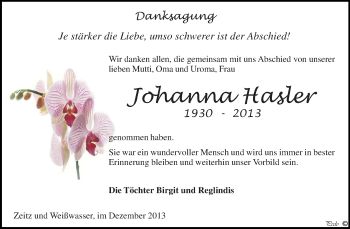 Traueranzeige von Johanna Hasler von Super Sonntag Zeitz