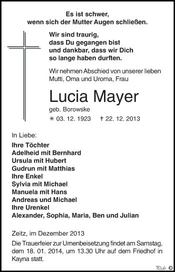 Traueranzeige von Lucia Mayer von Super Sonntag Zeitz