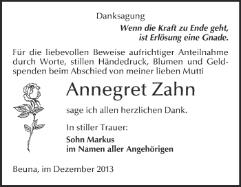 Traueranzeige von Annegret Zahn von WVG - Wochenspiegel Merseburg