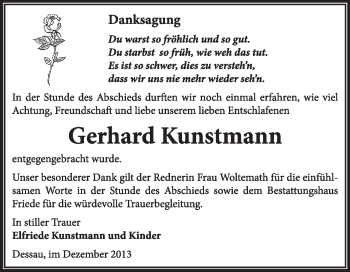 Traueranzeige von Gerhard Kunstmann von Super Sonntag Dessau / Köthen