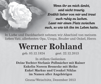 Traueranzeige von Werner Rohland von Super Sonntag Zeitz