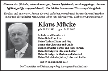 Traueranzeige von Klaus Mücke von Super Sonntag Wittenberg