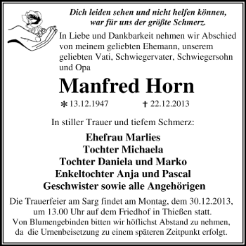 Traueranzeige von Manfred Horn von Super Sonntag Dessau / Köthen