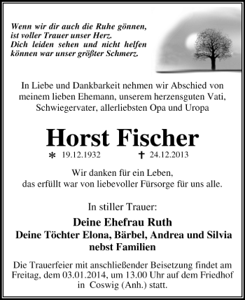 Traueranzeige von Horst Fischer von Super Sonntag Dessau / Köthen