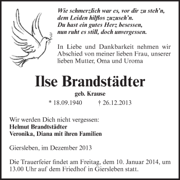 Traueranzeige von Ilse Brandstädter von Super Sonntag Aschersleben