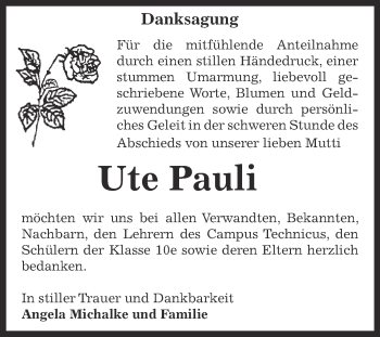 Traueranzeige von Ute Pauli von Super Sonntag Bernburg