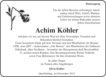 Traueranzeige von Achim Köhler von WVG - Wochenspiegel Quedlinburg