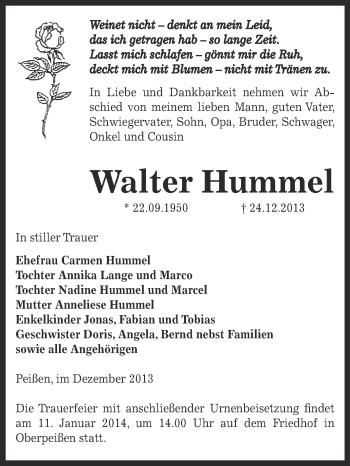 Traueranzeige von Walter Hummel von Super Sonntag Bernburg