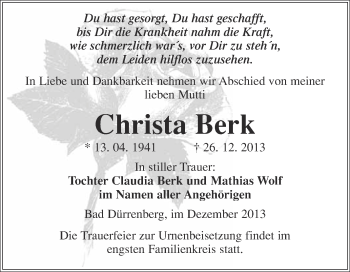 Traueranzeige von Christa Berk von Super Sonntag Merseburg