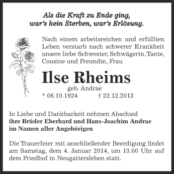 Traueranzeige von Ilse Rheims von Super Sonntag Bernburg