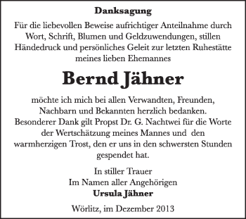 Traueranzeige von Bernd Jähner von Super Sonntag Wittenberg