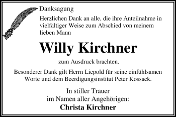 Traueranzeige von Willy Kirchner von Super Sonntag Dessau / Köthen