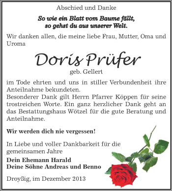 Traueranzeige von Doris Prüfer von Super Sonntag Zeitz