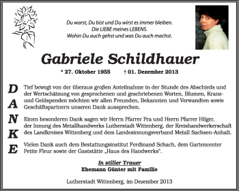 Traueranzeige von Gabriele Schildhauer von Super Sonntag Wittenberg