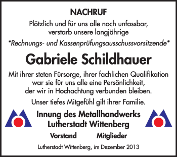 Traueranzeige von Gabriele Schildhauer von WVG - Wochenspiegel Wittenberg