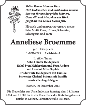 Traueranzeige von Anneliese Broemme von Super Sonntag Dessau / Köthen