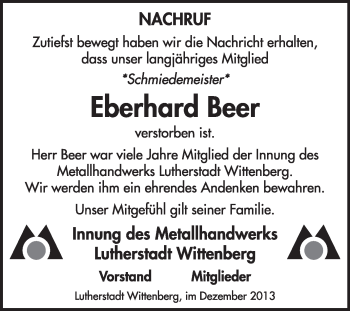 Traueranzeige von Eberhard Beer von WVG - Wochenspiegel Wittenberg